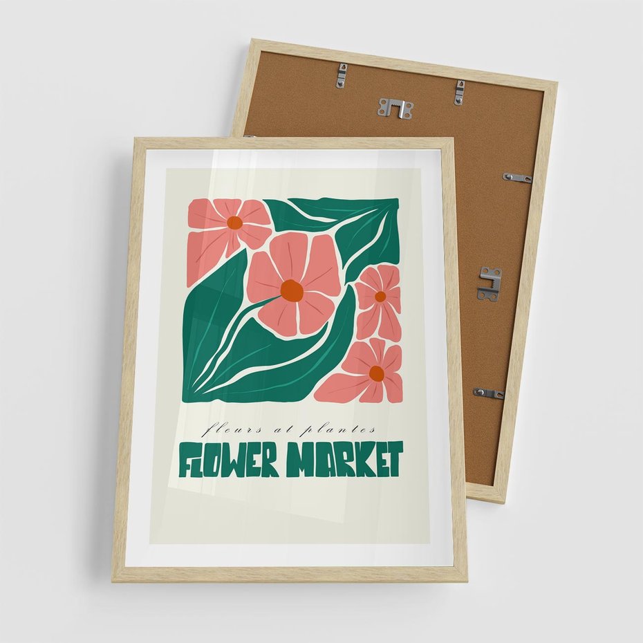 Plakat w ramie 50x70 - Retro Inspiracja - minimalistyczna kwiatowa kompozycja, pastelowe kolory - rama drewno