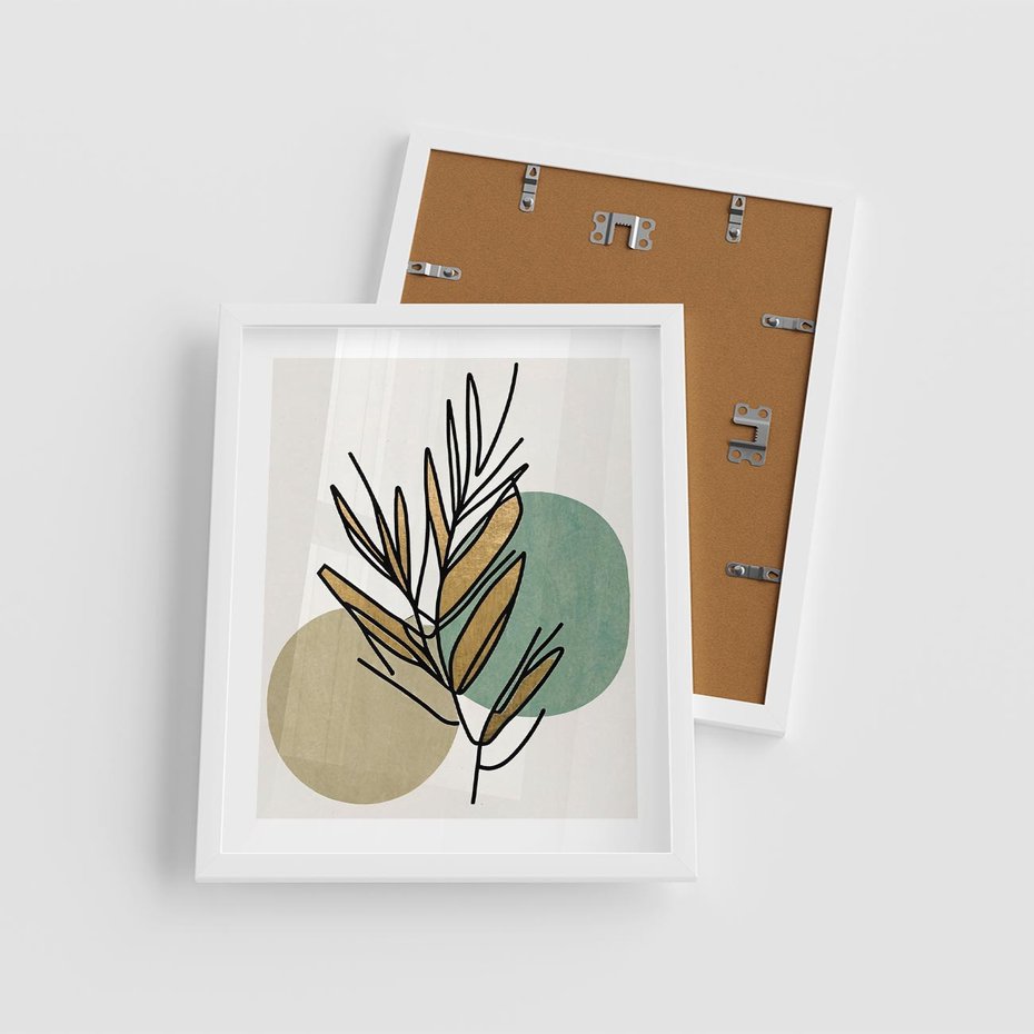 Plakat w ramie 40x50 - Migocące Ścieżki Wizji - abstrakcyjny obraz boho, liście - rama biała