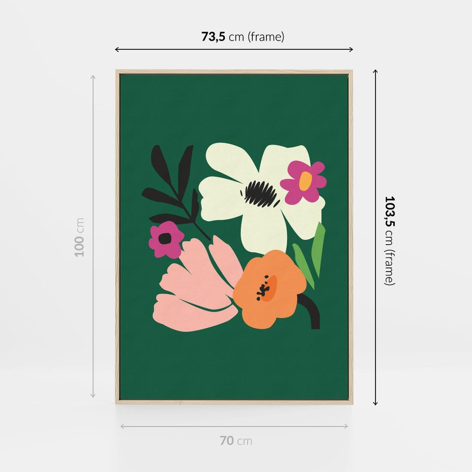 Obraz w ramie 70x100 - Rozbijające Echa - abstrakcyjne kwiaty, zielone tło - rama drewno