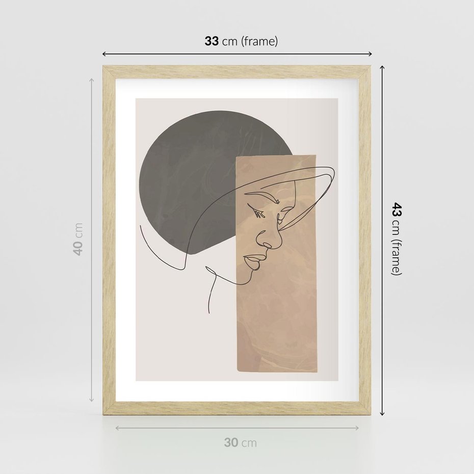 Plakat w ramie 30x40 - Jedną Linią: Kobieca Twarz - abstrakcja, plamy w tle - rama drewno