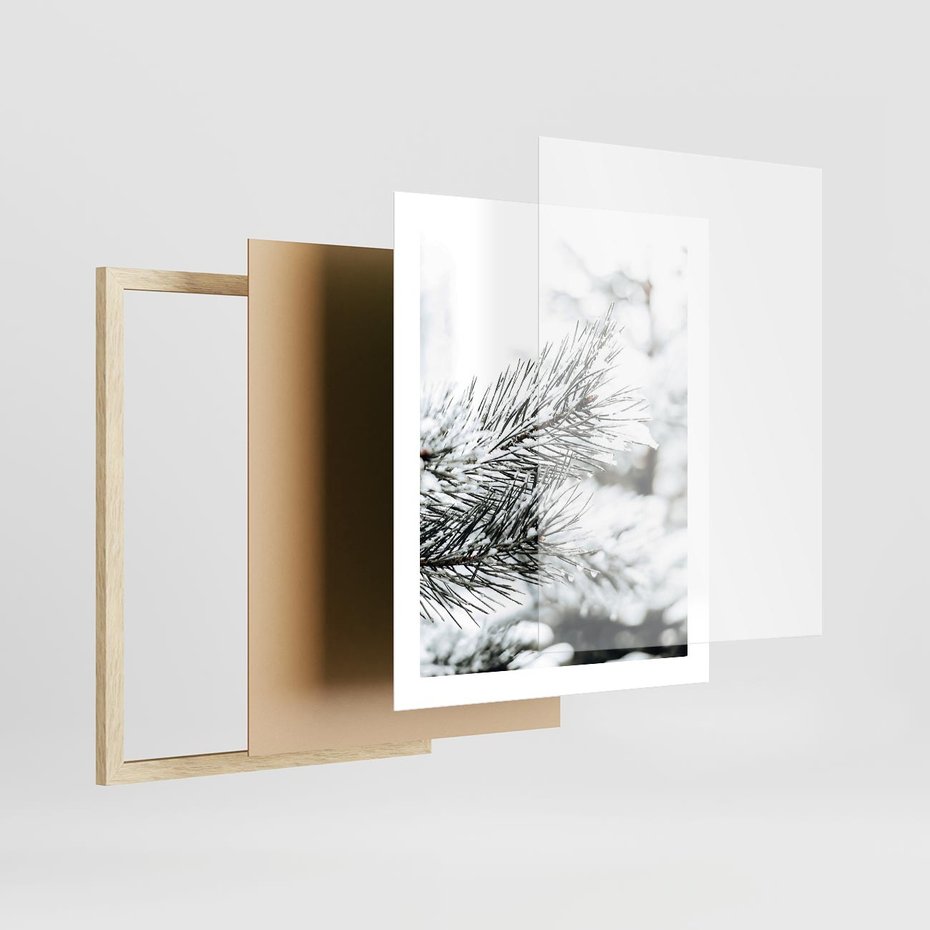 Plakat w ramie 40x50 - Chwila Zimowej Magii - iglasta gałązka, śnieg - rama drewno