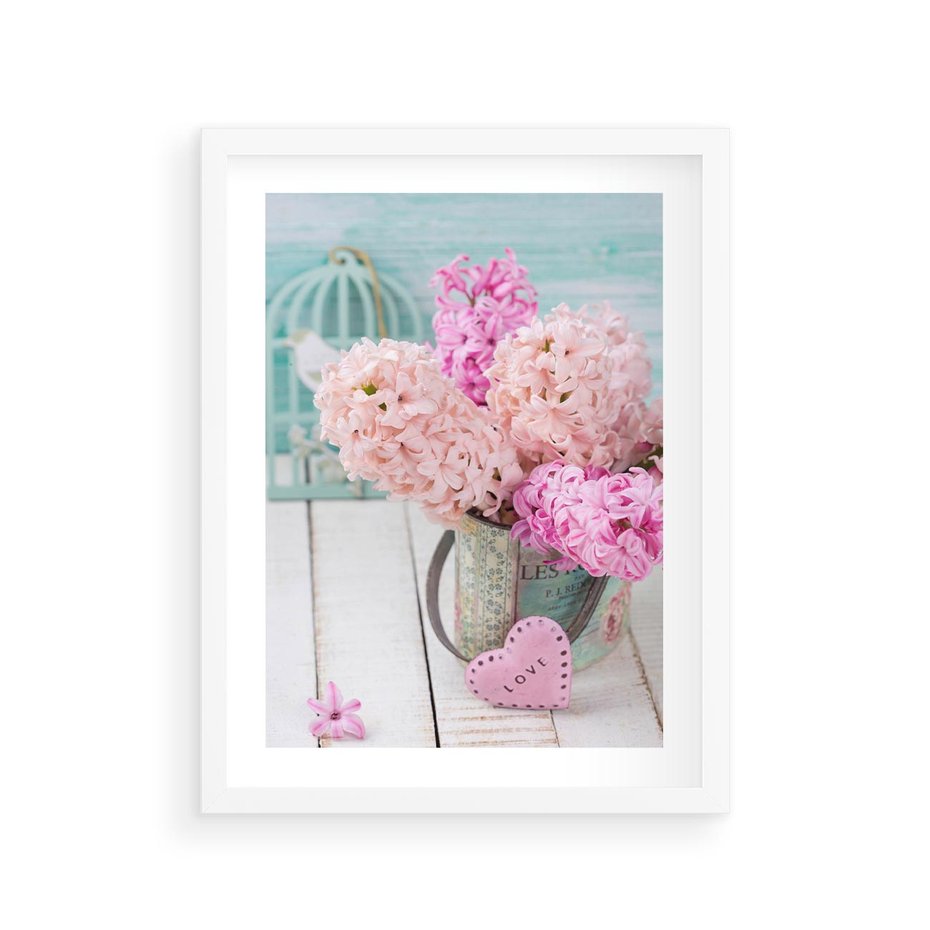 Plakat w ramie 30x40 - Kwiatowa harmonia hiacyntów - kwiaty, hiacynty - rama biała