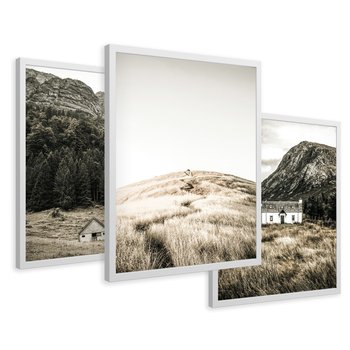 Zestaw obrazy w ramie 40x50 galeria - Górskie, domki, łąki, sepia - rama biała