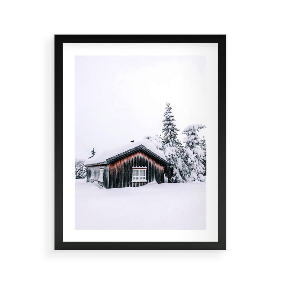 Plakat w ramie 40x50 - Zimowy Azyl: Domek w Górach - domek w górach, śnieg - rama czarna