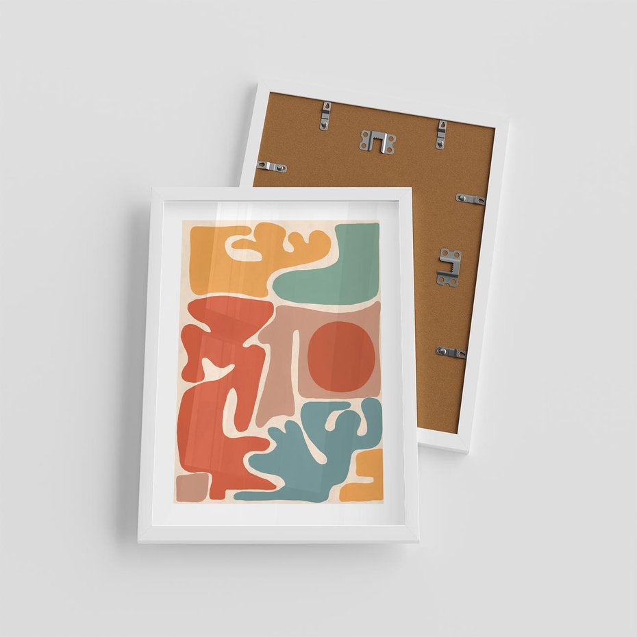 Plakat w ramie 30x40 - Pastelowa Symfonia Kształtów - abstrakcyjne kolorowe formy, pastelowe kolory - rama biała