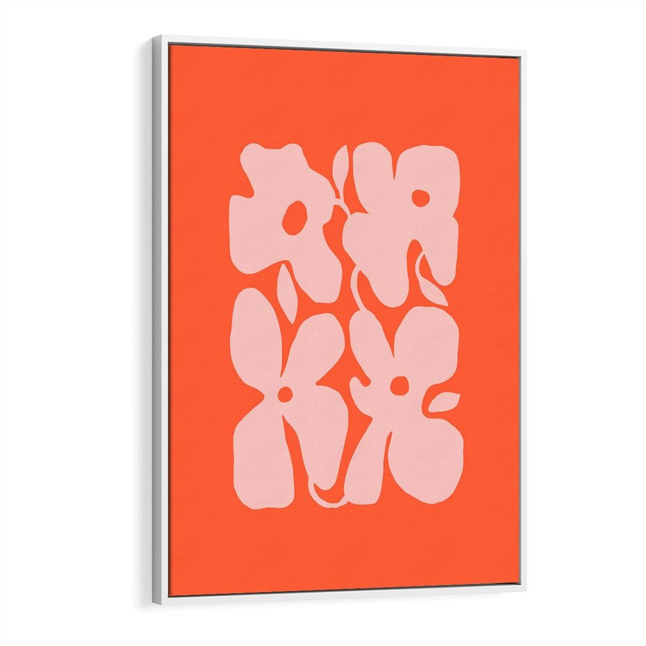 Obraz w ramie 50x70 - Taniec Abstrakcji - kwiaty, energetyczne pomarańczowe tłó - rama biała