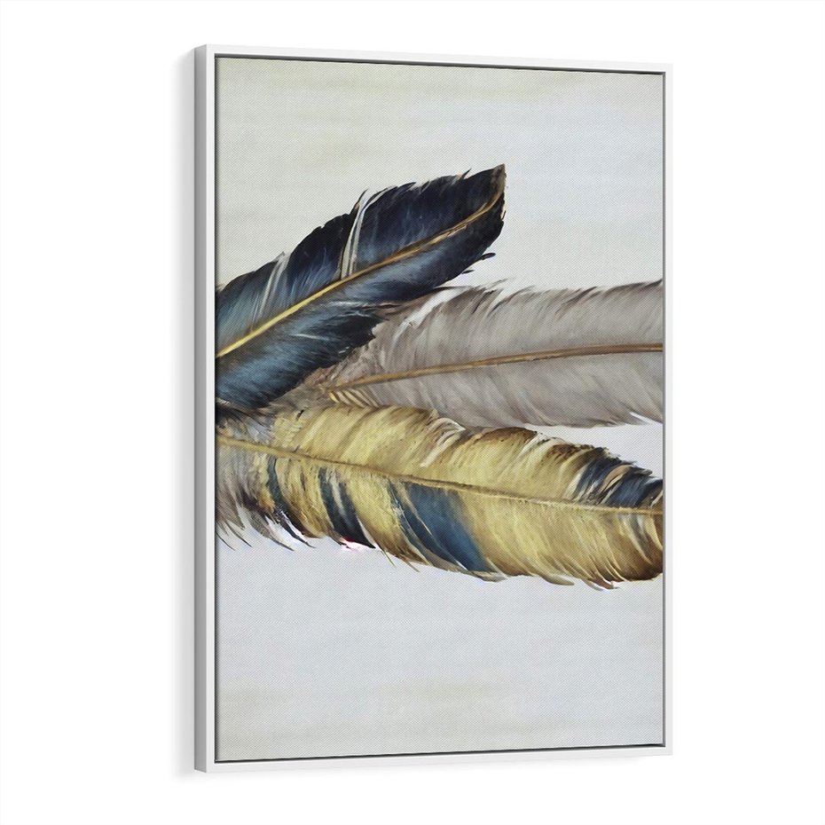 Obraz w ramie 80x120 - Granatowo-Złote Pióra - sztuka, granatowe i złote pióra - rama biała