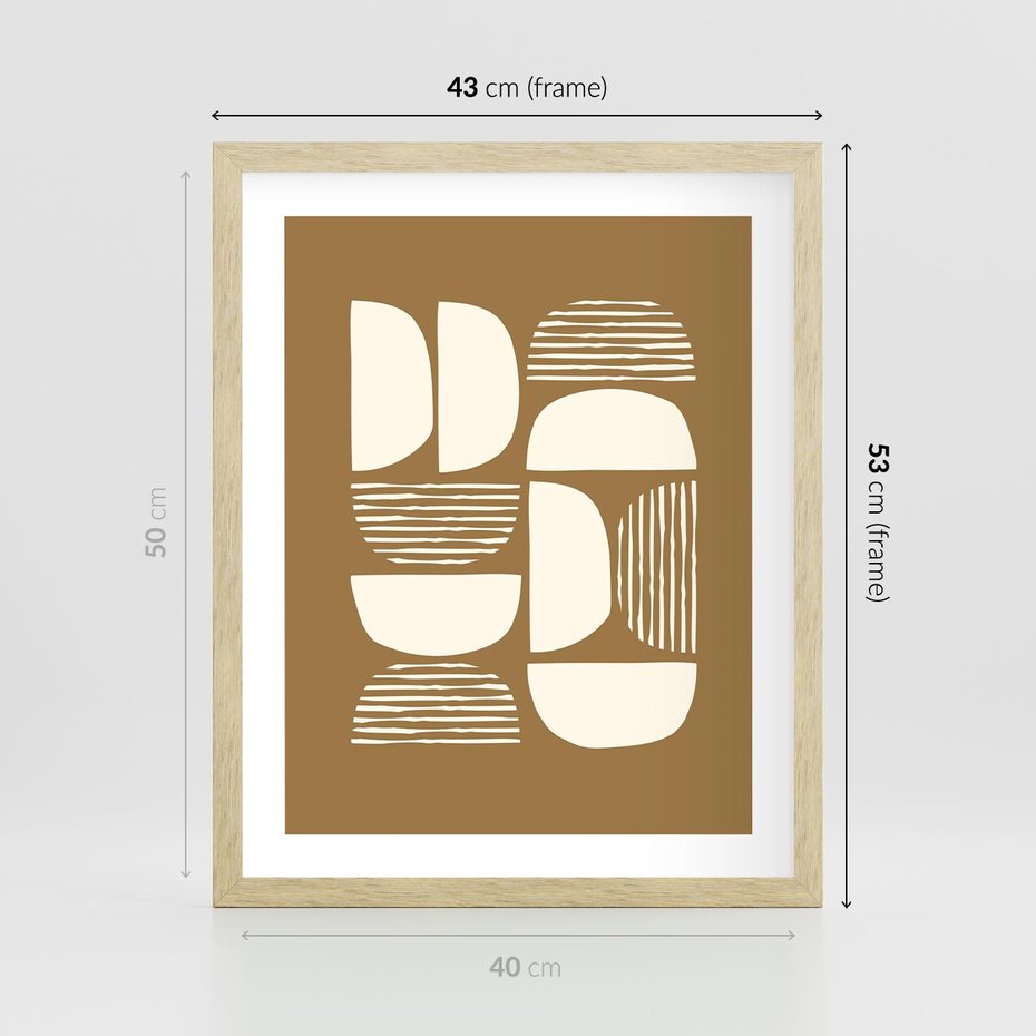 Plakat w ramie 40x50 - Wewnętrzne Spektrum - geometryczne boho kształty na brązowym, karmelowym tle - rama drewno