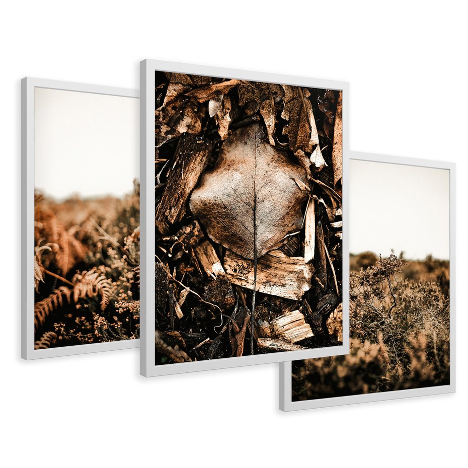 Zestaw obrazy w ramie 30x40 galeria - Jesienna, łąka, liście, boho - rama biała