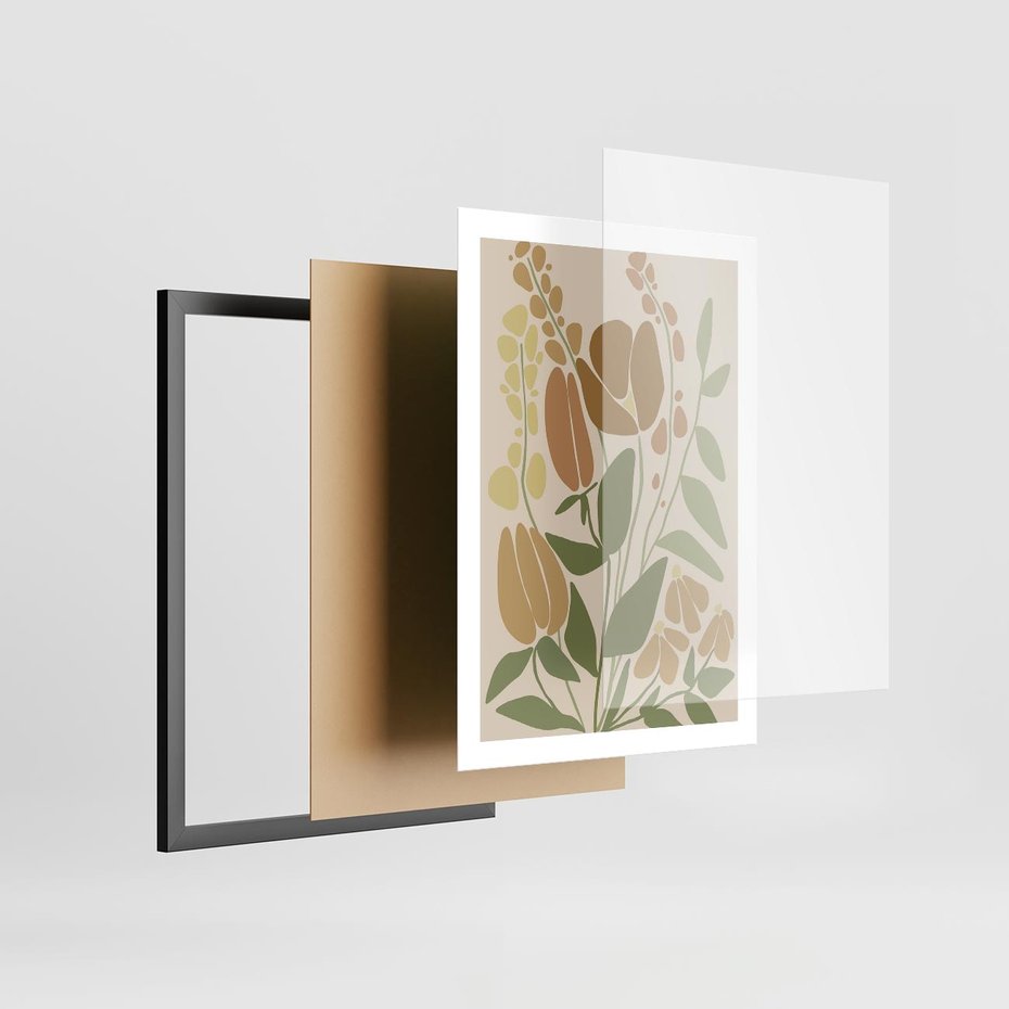 Plakat w ramie 50x70 - Beżowo i Roślinnie - nowoczesny plakat, roślinność - rama czarna
