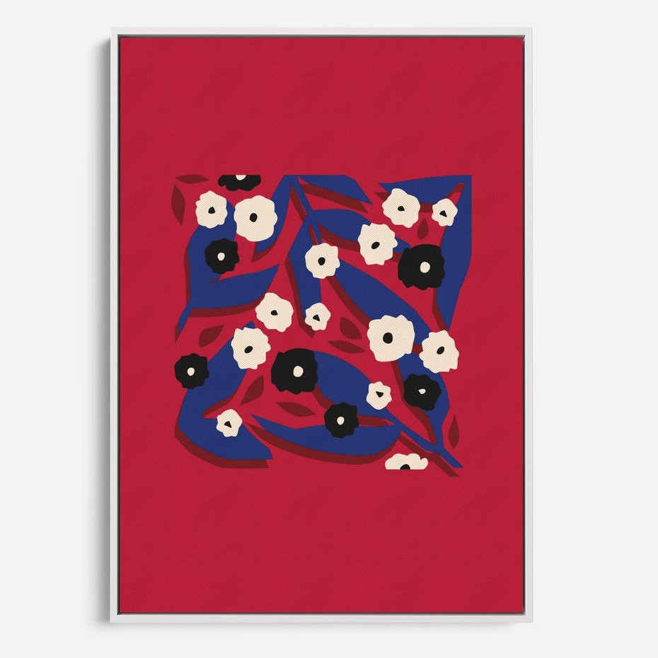 Obraz w ramie 50x70 - Kolorowe Przenikanie - abstrakcyjna kwiatowa kompozycja, czerwone mocne tło - rama biała