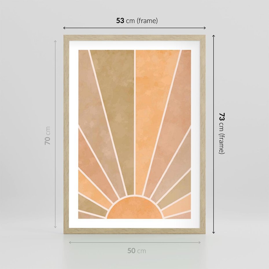 Plakat w ramie 50x70 - Grafika Boho w Odcieniach Pomarańczu - boho słońce, grafika - rama drewno