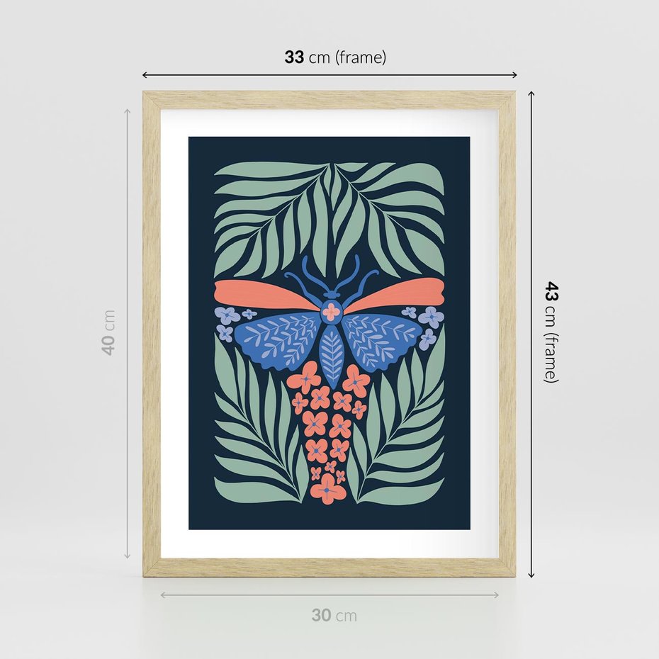 Plakat w ramie 30x40 - Granatowa Noc - granatowe tło, abstrajcyjna ćma - rama drewno