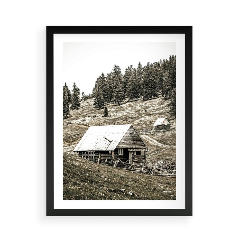 Plakat w ramie 50x70 - Ustronne Chatki w Górach - rustykalne domki w górach, sepia - rama czarna
