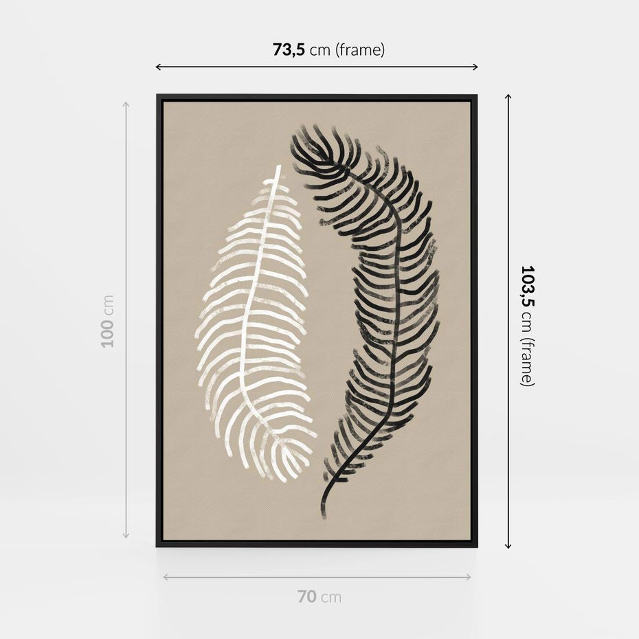 Obraz w ramie 70x100 - Spleciona Harmonia - sztuka nowoczesna, białe i czarne pióro - rama czarna