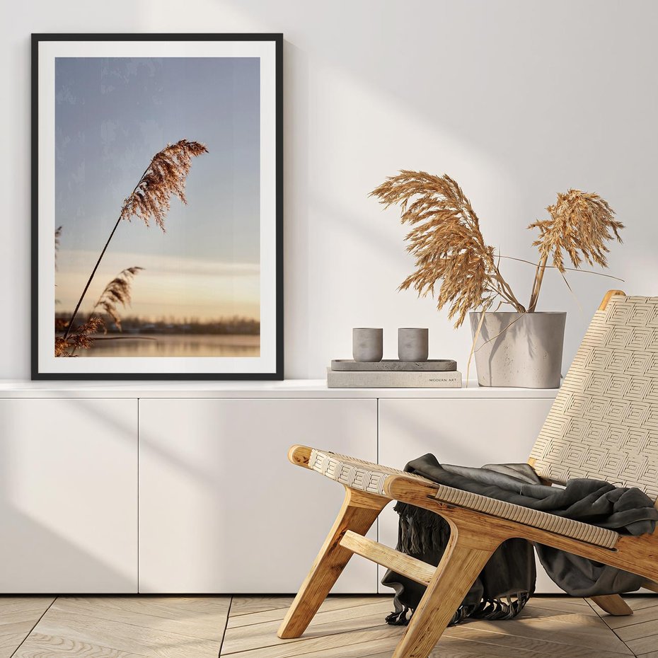 Plakat w ramie 50x70 - Naturalna Delikatność - trawy, boho - rama czarna