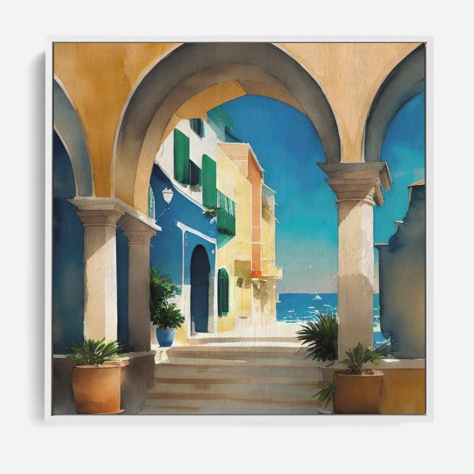 Obraz w ramie 50x50 - Nadmorskie Łuki - akwarela, śródziemnomorski klimat - rama biała