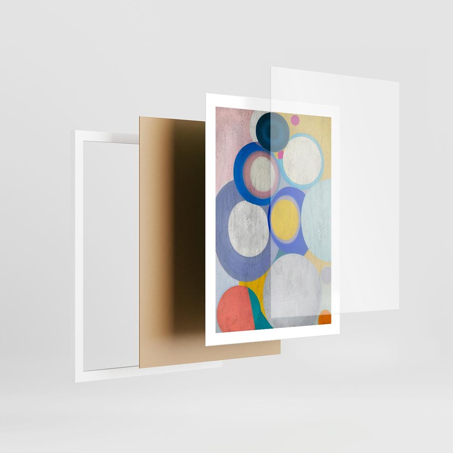 Plakat w ramie 50x70 - Rozkwitająca Symfonia Serca - abstrakcyjne geometryczne kształty, olejny obraz - rama biała