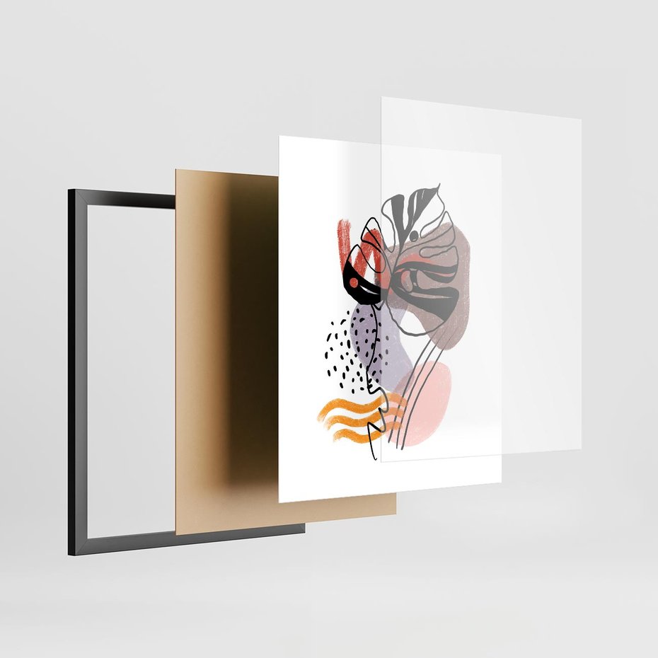 Plakat w ramie 40x50 - Wibracje Abstrakcyjnych Form - abstrakcyjna sztuka, liść monstery - rama czarna