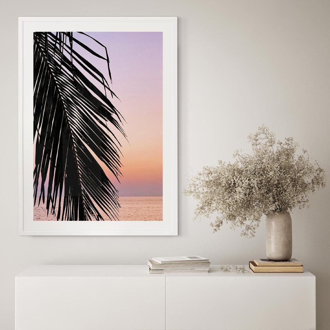 Plakat bez ramy 50x70 - Liście Palmy nad Morzem - zachód słońca, liście palmy na tle nieba i morza