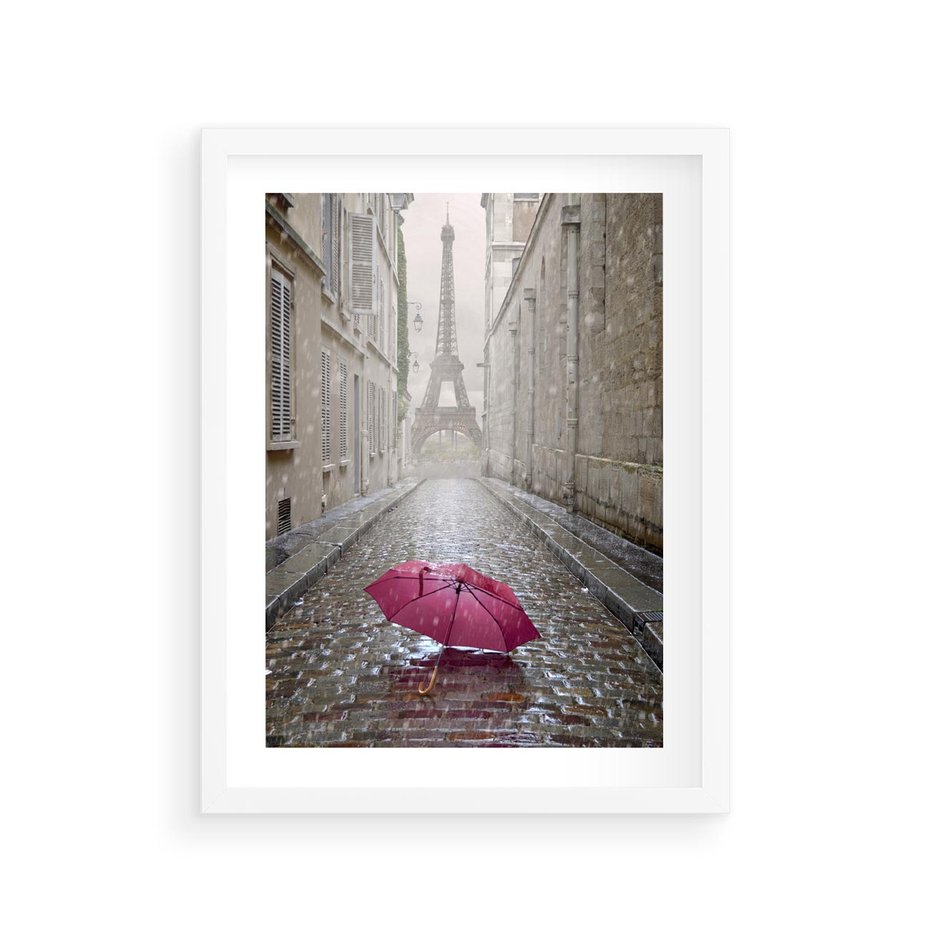 Plakat w ramie 30x40 - Francuska elegancja pod parasolem - Francja, parasol - rama biała