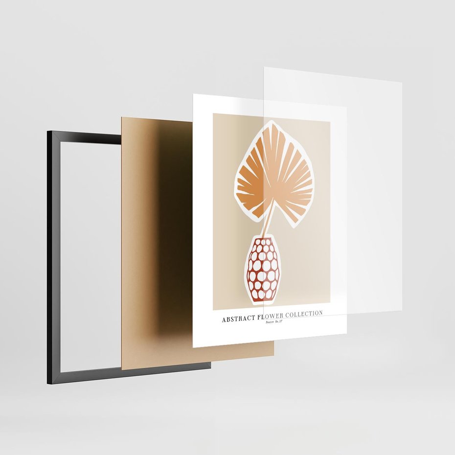 Plakat w ramie 40x50 - Kwiatowa Kreatywność - tropikalny liść w wazonie, typografia - rama czarna