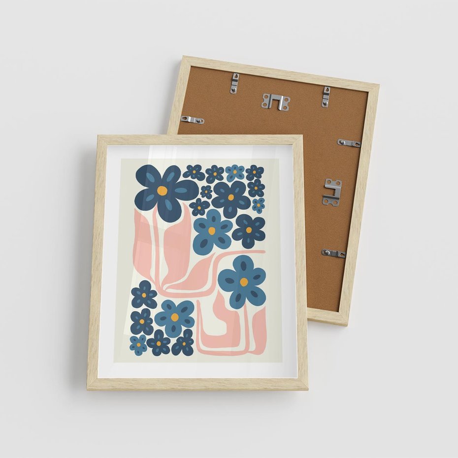 Plakat w ramie 40x50 - Niebieskie Refleksje - niebieskie kwiaty, niezapominajki - rama drewno