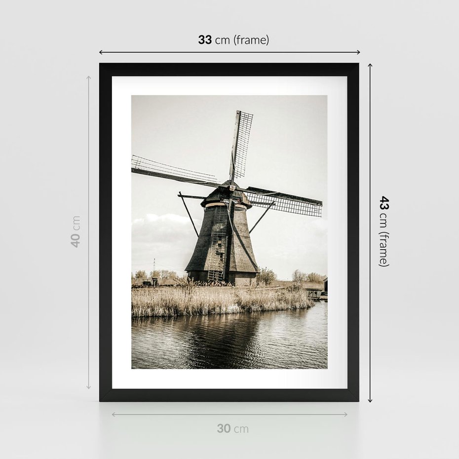 Plakat w ramie 30x40 - Holenderski Wiatrak w Sepii - holenderski wiatrak, młyn - rama czarna