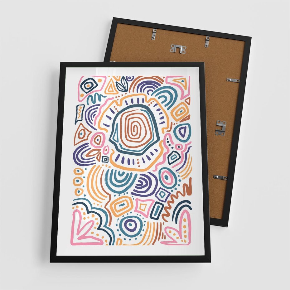 Plakat w ramie 50x70 - Strukturalne Odbicia Boho - kolorowe etniczne wzory, tęczowe żywe kolory - rama czarna