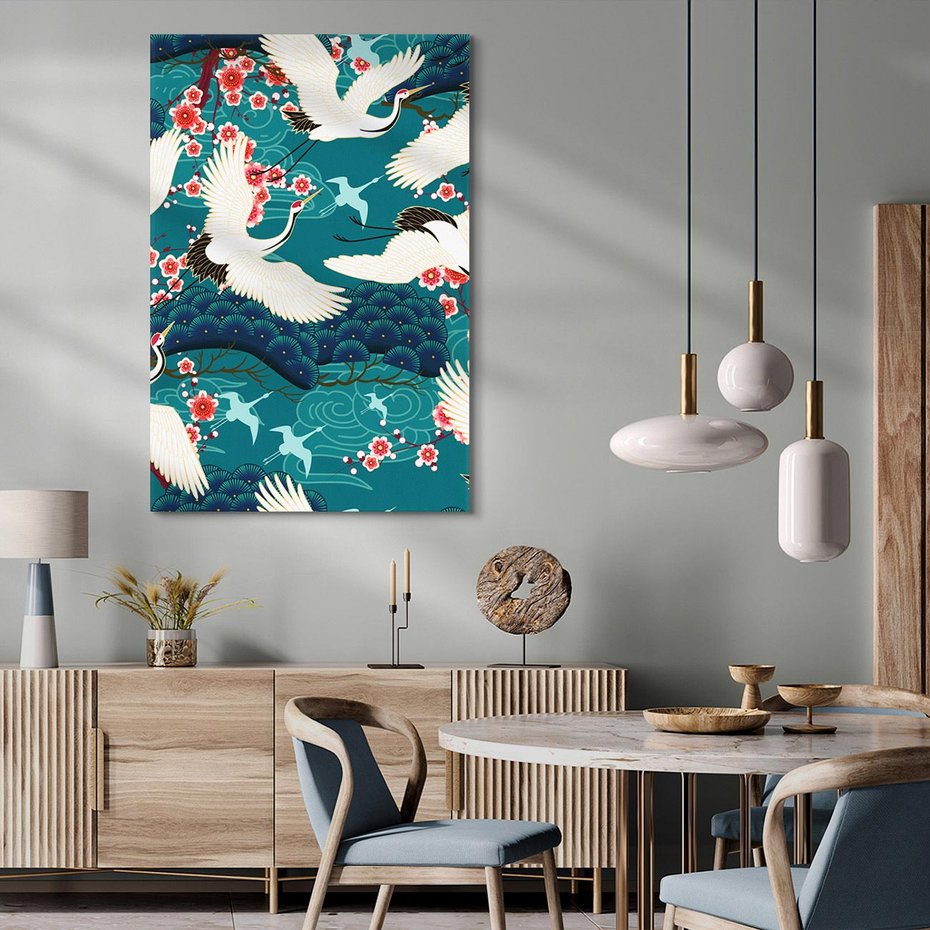 Obraz na płótnie 50x70 - Żurawie Wachlarze - orientalne japońskie żurawie, grafika