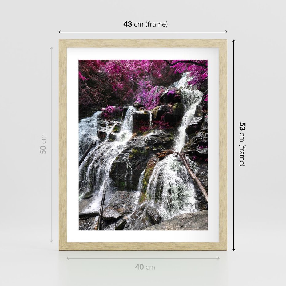 Plakat w ramie 40x50 - Wodospad wśród majestatycznych gór - wodospad, góry - rama drewno