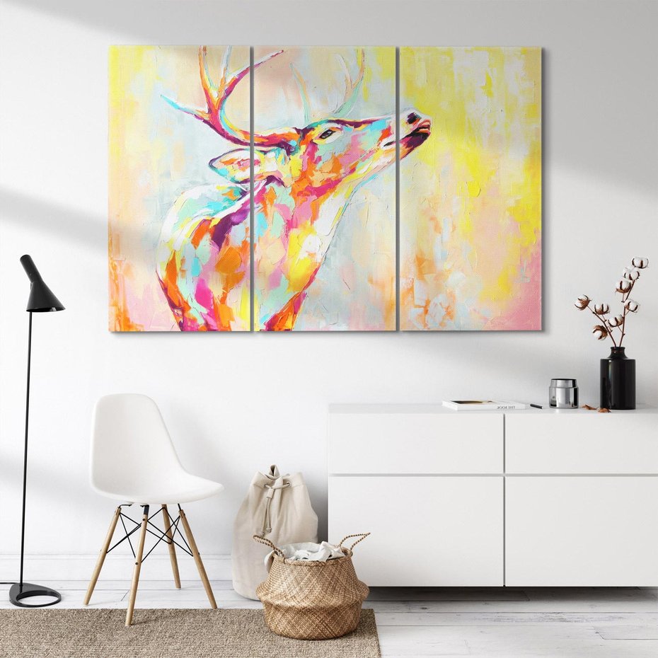 Obraz na płótnie 120x80 - Impresje snów malarza - kolorowy olejny obraz, jeleń ryczący na rykowisku