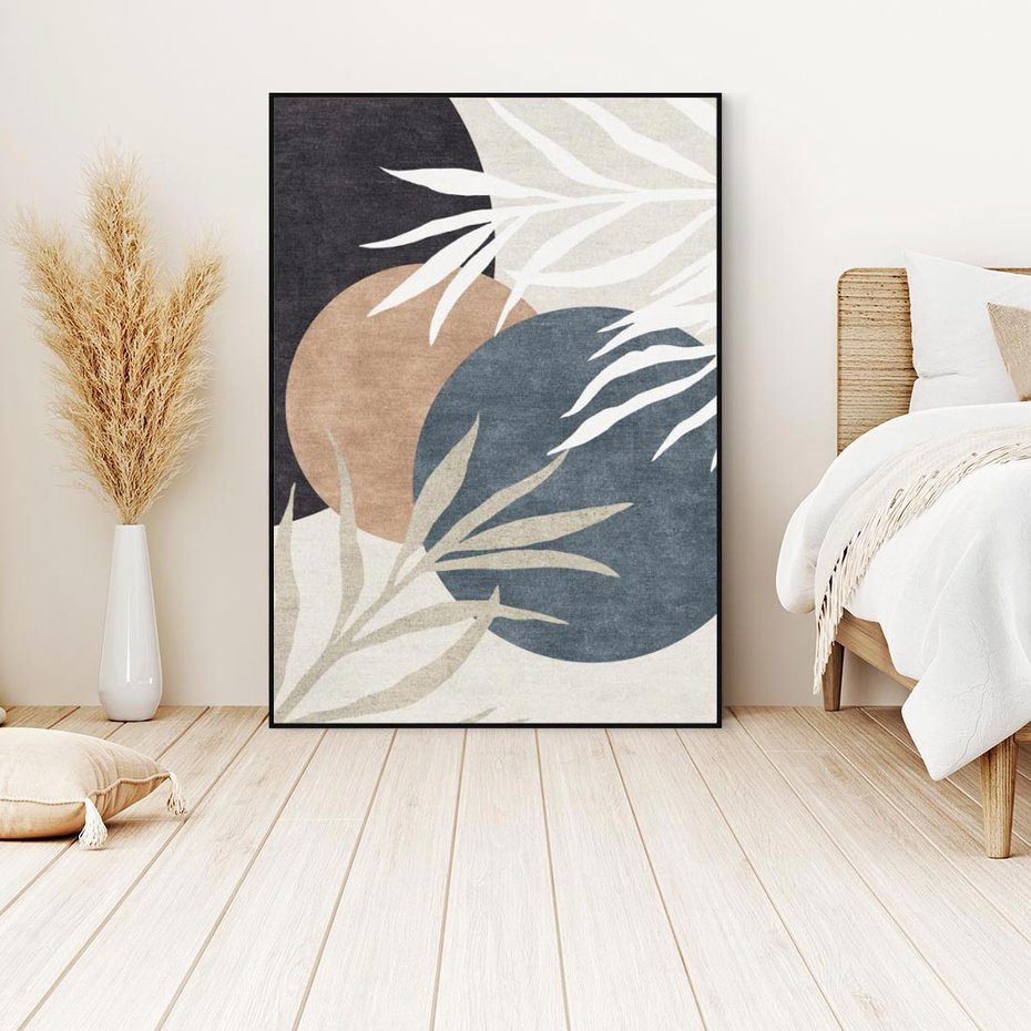 Obraz w ramie 50x70 - Symfonia skradzionych chwil - cienie liści palmy, beżowe tłó - rama czarna
