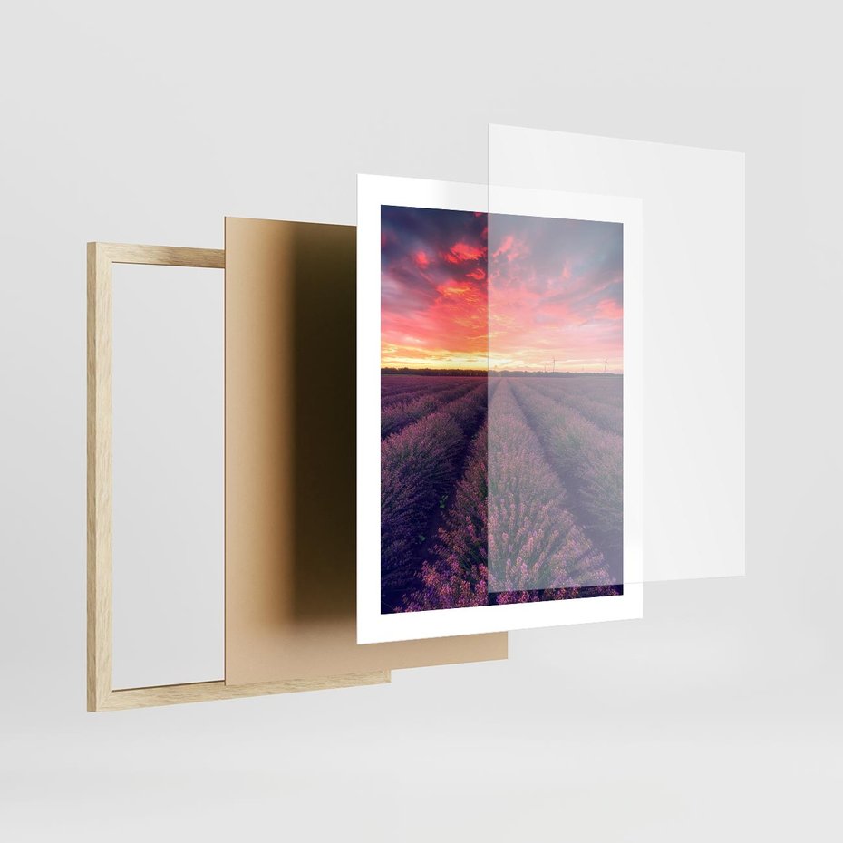 Plakat w ramie 40x50 - Różowe Niebo nad Polami - pola lawendy, zachód słońca - rama drewno