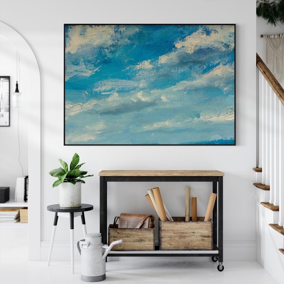 Obraz w ramie 100x70 - Oddechy niebiańskiej materii - olejny obraz, smugi farby przypominają obłoki na błękitnym niebie - rama czarna