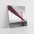 Obraz na płótnie 30x30 - Majestatyczny Most - czarno biała fotografia, czerwony stalowy most nad rzeką