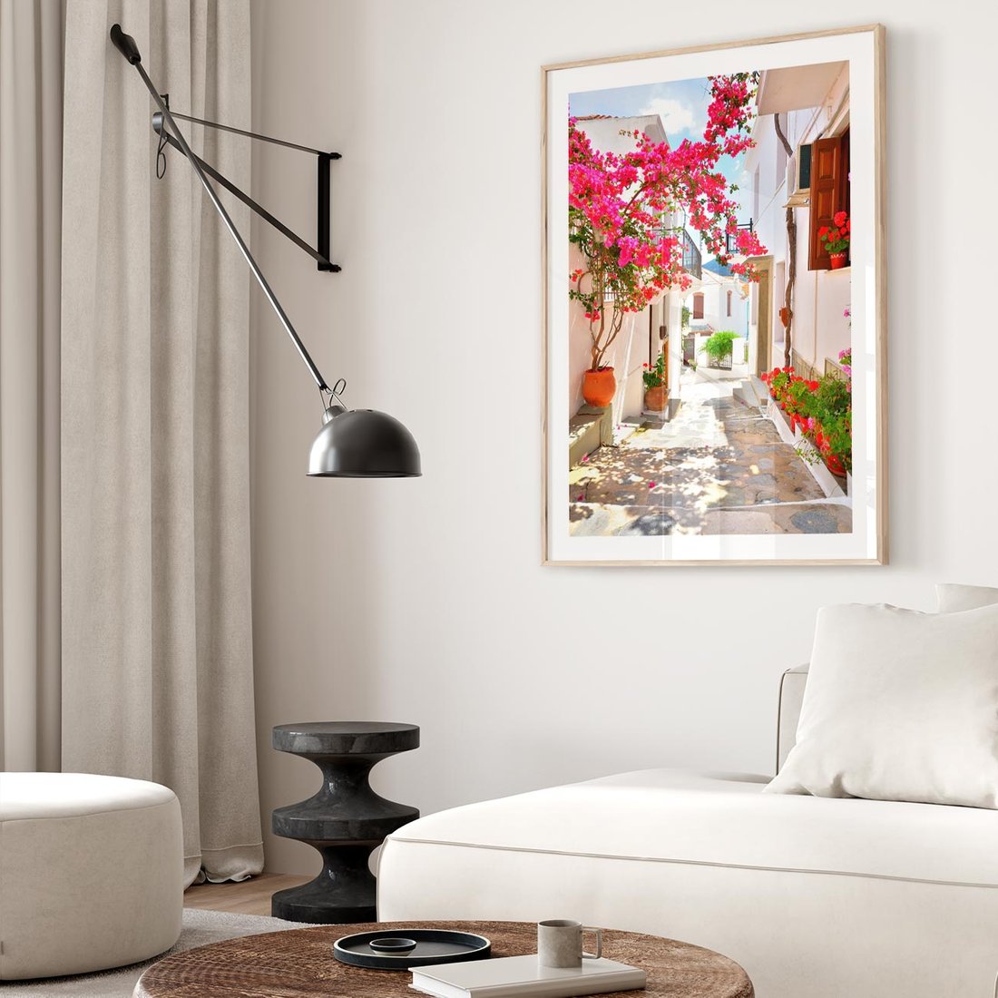 Plakat w ramie 50x70 - Kwiatowa uliczka wakacji - kwiaty, uliczka - rama drewno