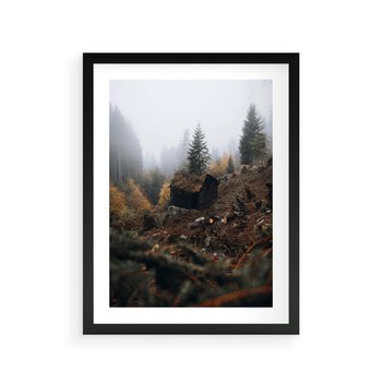 Plakat w ramie 40x50 - Górski las - stary zniszczony domek w górach, góry - rama czarna