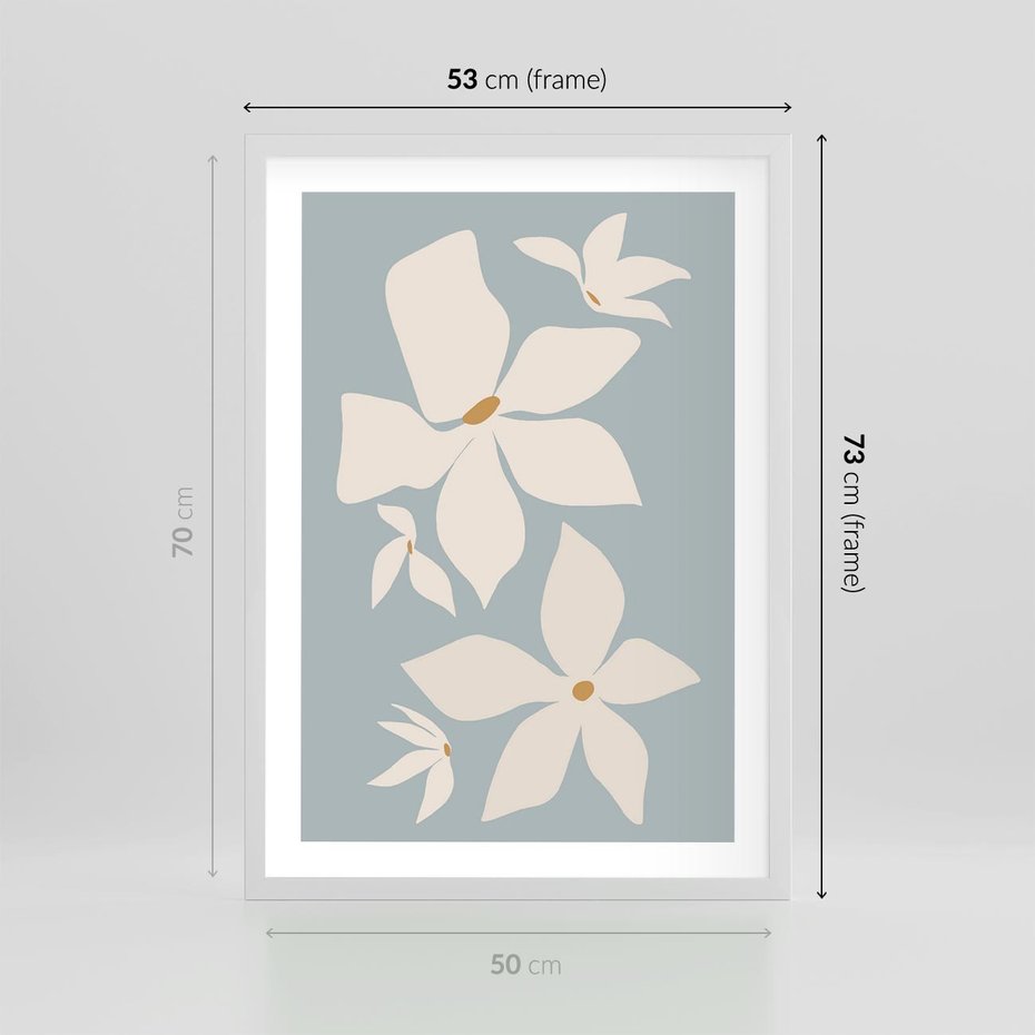 Plakat w ramie 50x70 - Błękit Kwiatów - kwiaty, nowoczesne i minimalistyczne - rama biała