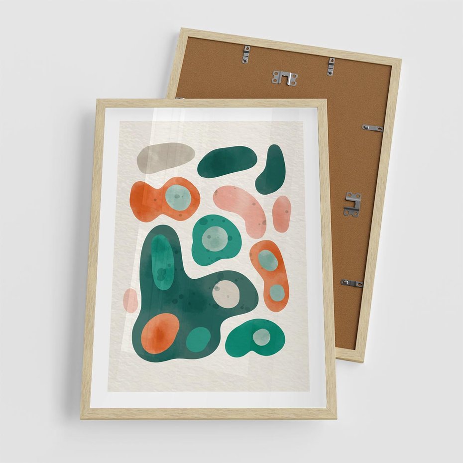 Plakat w ramie 50x70 - Kolorowe Przenikanie - przypadkowe abstrakcyjne plamy, pomarańczowy i zielony - rama drewno