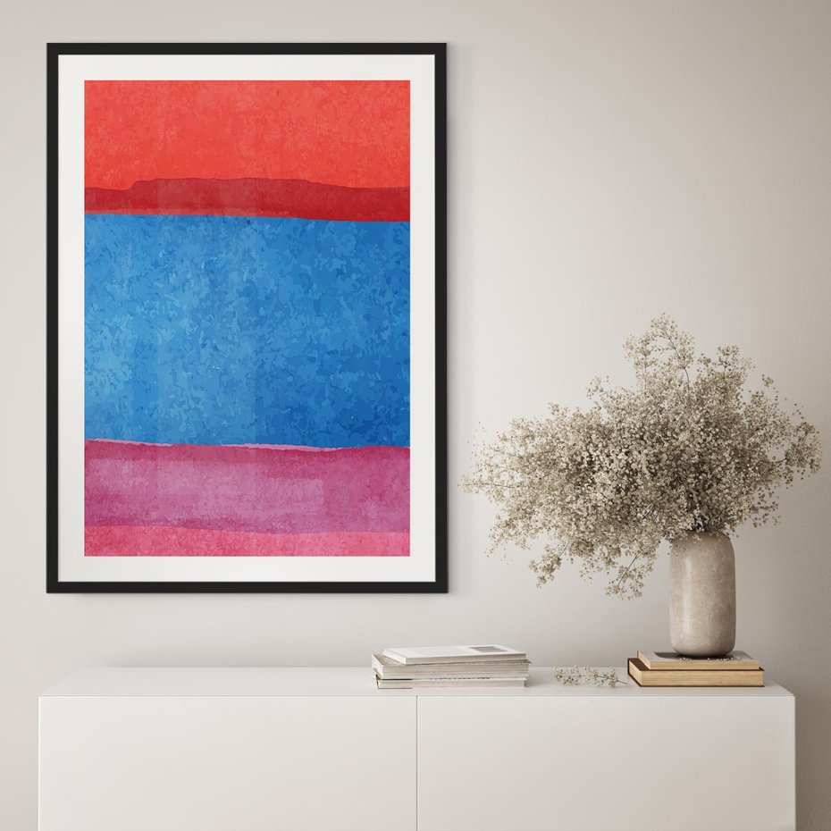 Plakat w ramie 40x50 - Migocące Formy - kolorowe akwarelowe pasy, odcienie czerwień - rama czarna