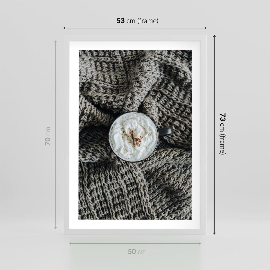 Plakat w ramie 50x70 - Relaks z Kawą i Kocem - ciepły wełniany koc, kawa z bitą śmietaną - rama biała