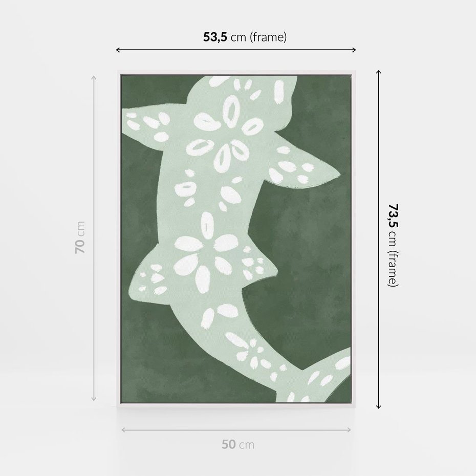 Obraz w ramie 50x70 - Migotliwe Wibracje Zieleni - zielony plakat, abstrakcja przypominająca rybę - rama biała