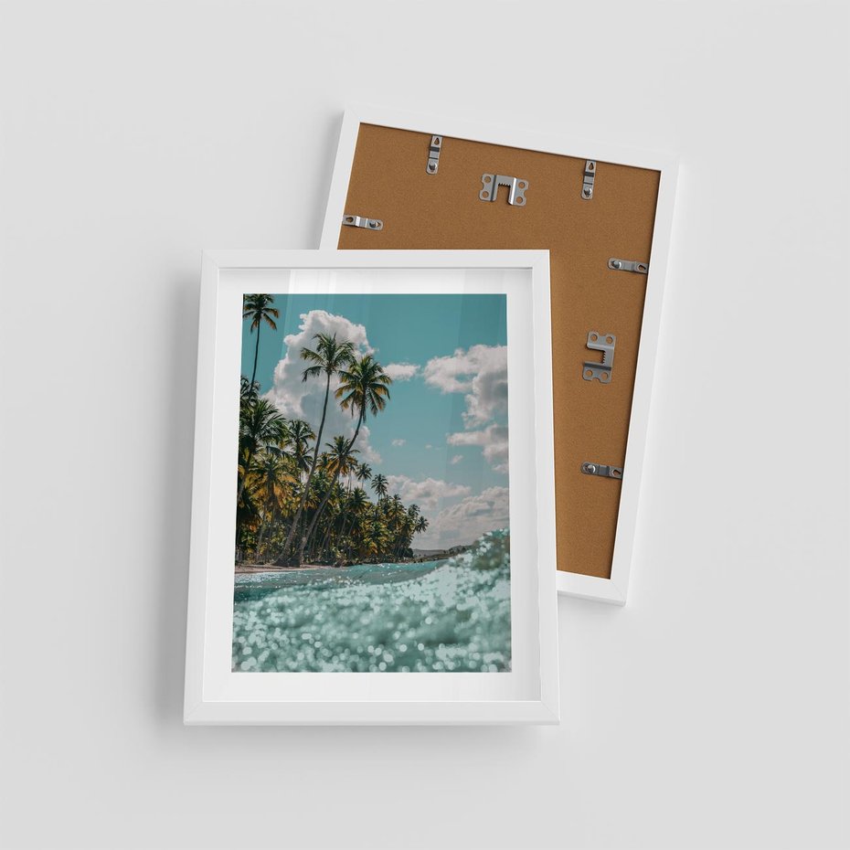 Plakat w ramie 30x40 - Rajskie Wakacje - plaża, palmy - rama biała