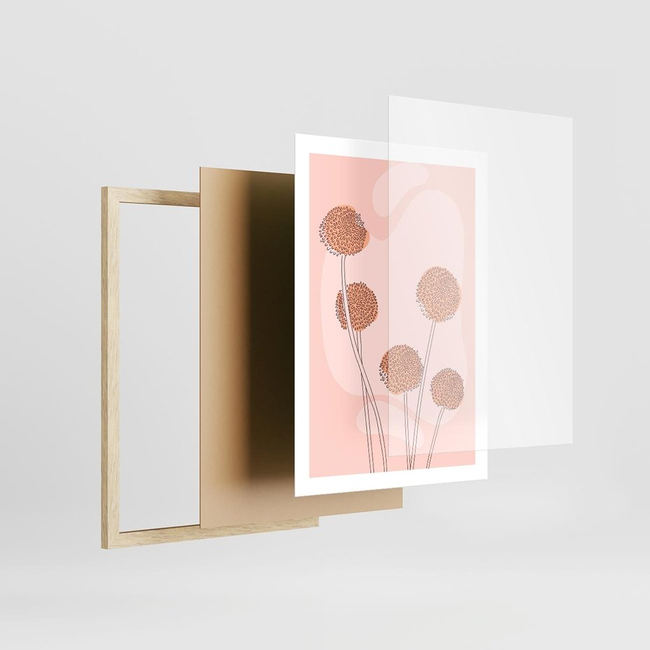 Plakat w ramie 50x70 - Rozkwitające Emocje - minimalistyczny plakat, pudrowe kwiaty - rama drewno
