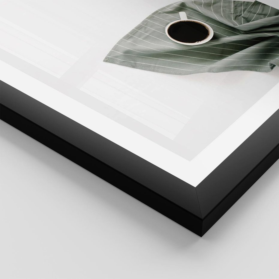 Plakat w ramie 30x40 - Poranek z Kawą - kawa, biała filiżanka - rama czarna
