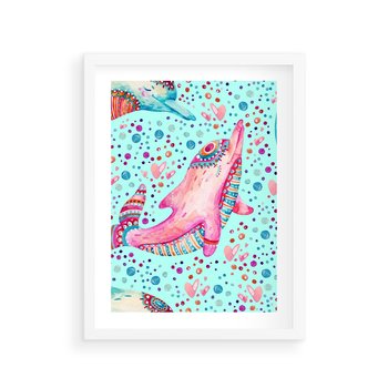 Plakat w ramie 40x50 - Lekkość W Ruchu - delfin, akwarela - rama biała
