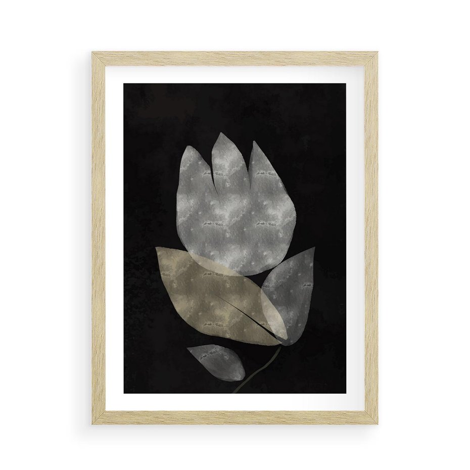 Plakat w ramie 50x70 - Nocne Uniesienia - abstrakcyjny kwiat, mroczna atmosfera - rama drewno