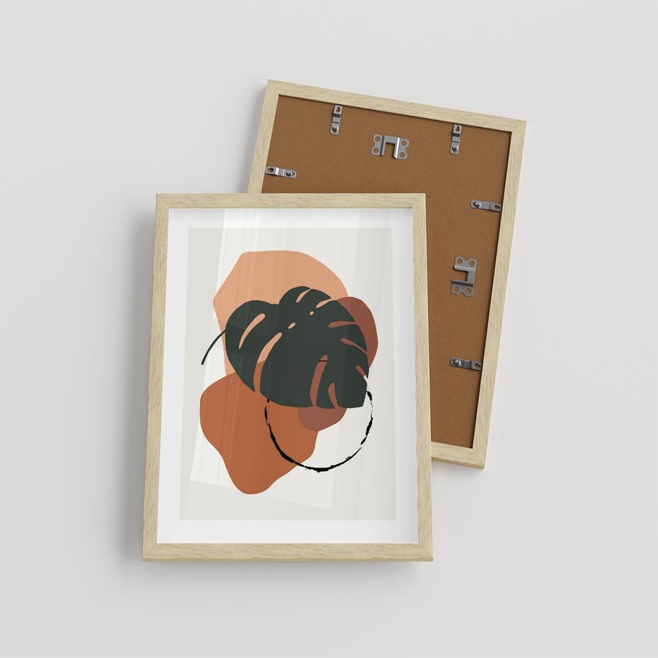 Plakat w ramie 30x40 - Brązowa Ekspresja - liść monstery, boho obraz - rama drewno