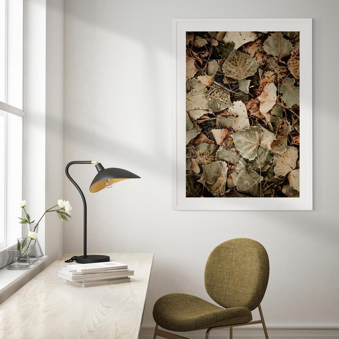 Plakat w ramie 40x50 - Magia Jesiennych Liści - liście, suche liście - rama biała